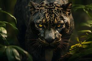 ai generado negro pantera tallos presa en el bosque. fauna silvestre fotografía. generativo ai foto