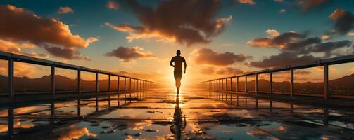 AI generated Silhouette of a Man Running at Sunset or Sunrise. Jogging on the Track. Generative Ai photo
