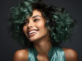 AI generated Portrait of Beautiful African American Woman with Short Curly, Black and Green Ombre Hairstyle on Gray Studio Background. Generative Ai photo