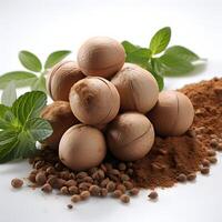 AI generated Pile of Nutmeg Isolated on White Background. Generative Ai photo