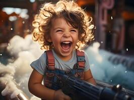 AI generated Happy and Cheerful Child Playing Water Gun. Generative Ai photo