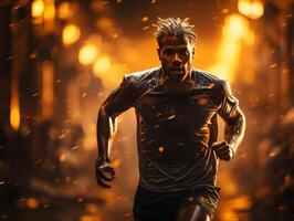 AI generated An Athlete Runs on a Track with Energetic Fire Effect Behind. Generative Ai photo