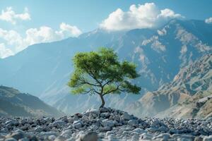 AI generated a tree standing tall against a mountain.ai generative photo