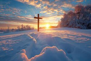 AI generated Wooden cross stands in the desert, rays of sunlight. Generative AI photo