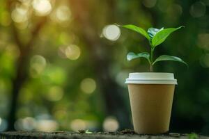 AI generated Sprout growing in the coffee cup. environmentally friendly, recycling, generated with AI photo