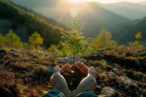 ai generado mano niños participación planta con luz de sol en verde naturaleza antecedentes. concepto eco tierra día, generativo ai foto