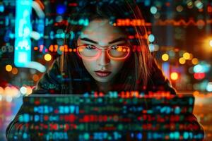 ai generado inteligente mujer programador trabajando en escritorio computadora en datos centrar sistema.ai generativo foto