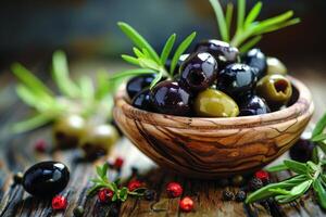 AI generated Olives in the bowl on wooden table. healthy food concept. AI generative photo