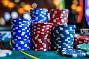 AI generated Poker chips in casino on blur background. Generation AI photo