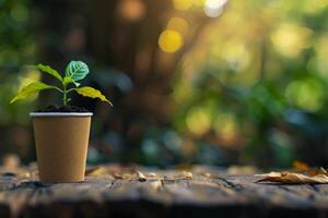 AI generated Sprout growing in the coffee cup. environmentally friendly, recycling, generated with AI photo