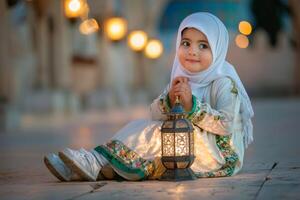 ai generado niña celebracion Ramadán antecedentes linternas generativo ai. foto