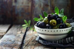 AI generated Olives in the bowl on wooden table. healthy food concept. AI generative photo