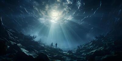 AI generated Deep and Dark Ocean with Sun Rays Reaching the Rocky Seabed. Underwater Scene. Generative Ai photo