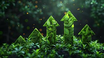 AI generated upward-pointing arrows made of lush green grass, symbolizing eco-friendly progress, sustainable development, and positive environmental growth trends photo