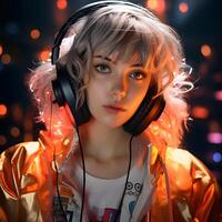 AI generated Cute Woman with Short Messy Hairstyle, Listening to Music. Colorful Art Illustration. Generative Ai photo