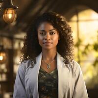 AI generated Portrait of an African Female Doctor in Uniform with Afro Hairstyle against a Tree Branch Background. Generative Ai photo