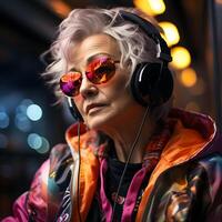 AI generated Old Woman with Short Messy Hairstyle, Listening to Music. Colorful Art Illustration. Generative Ai photo