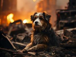 ai generado un perro sentado en el medio de un arruinado y abandonado ciudad. generativo ai foto