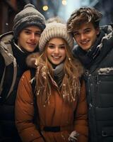 AI generated Happy Multiracial Friends Enjoying Winter Outside. Generative Ai photo