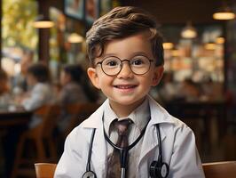 ai generado pequeño médico en uniforme. científico chico. generativo ai foto