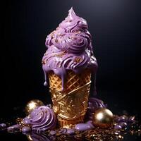 AI generated Purple Ice Cream with Gold Topping Isolated on Dark Background. Dripping and Melting Ice Cream. Generative Ai photo