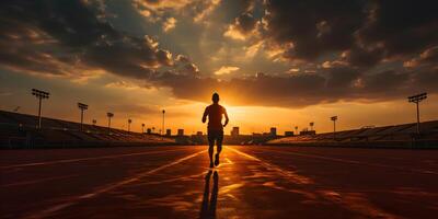 ai generado silueta de un hombre corriendo a puesta de sol o amanecer. trotar en el pista. generativo ai foto