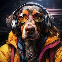 ai generado cyberpunk perro vistiendo chaqueta y auriculares. frio perro ilustración. generativo ai foto