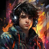 AI generated Man with Messy Hair Listening to Music. Colorful Art Illustration. Generative Ai photo