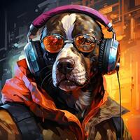 ai generado cyberpunk perro vistiendo chaqueta y auriculares. frio perro ilustración. generativo ai foto