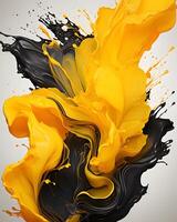 AI generated Abstract Black and Yellow Paint Liquid Splashes. Art Paint Pattern Ink Texture. Generative Ai photo