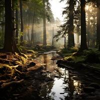 ai generado un tranquilo río en el medio de el bosque con penetrante luz de sol. generativo ai foto