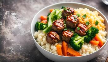 AI generated Healthy lunch bowl with meatballs, vegetables and cauliflower rice photo