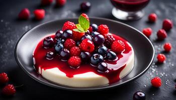 AI generated Panna Cotta with red berry sauce on a dark background. photo