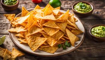 AI generated Nachos corn chips in a plate on a wooden table. Mexican food concept. Top view. photo
