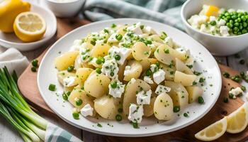 ai generado hecho en casa fornido patata ensalada con primavera cebollas cebollino, limón ánimo, pimienta, queso feta queso y mostaza yogur salsa foto