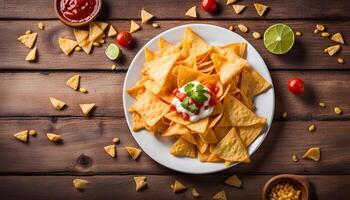 AI generated Nachos corn chips in a plate on a wooden table. Mexican food concept. Top view. photo