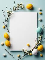 AI generated easter card with eggs, minimalistic easter card template, happy easter card, easter copyspace template photo