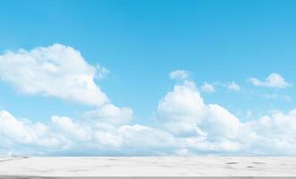 Sky Blue,Cloud Background over Marble Texture Table Top,Display Glossy Marble floor on Spring sky,white fluffy clouds in vivid, Backdrop background with copy space for Summer Product Presentation photo