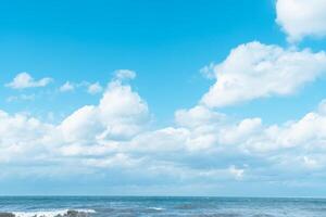 Sky Blue,Cloud Background,Horizon Spring Clear Sky in Morning by the beach,Vector beautiful landscape nature sunrise in Summer,Backdrop panoramic banner white clouds over ocean photo