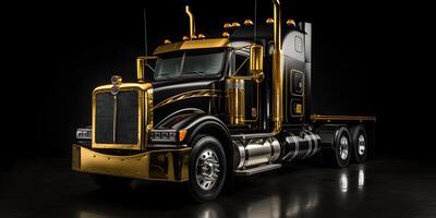 AI generated Luxury Blackk and Gold Semi Truck on Black Background. Cargo Delivery Truck. Generative Ai photo