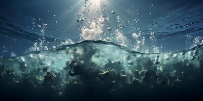 AI generated Deep and Dark Ocean with Sun Rays Reaching the Rocky Seabed. Underwater Scene. Generative Ai photo