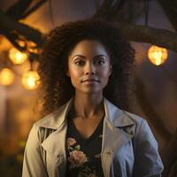 AI generated Portrait of an African Female Doctor in Uniform with Afro Hairstyle against a Tree Branch Background. Generative Ai photo