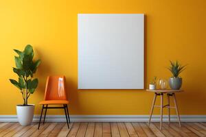 AI generated Blank Photo Frame Mockup on Yellow Wall with Plant Decoration. Empty Poster Frame. Generative Ai