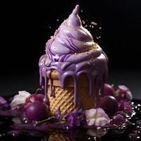 AI generated Purple Ice Cream with Gold Topping Isolated on Dark Background. Dripping and Melting Ice Cream. Generative Ai photo