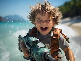 ai generado contento y alegre niño jugando agua pistola. generativo ai foto