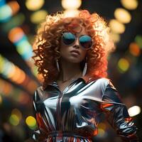 AI generated Woman Dancing on Stage Wearing Colorful Holographic Chrome Dress in Futuristic Retro Fashion Style. 80s Fashion Style. Generative Ai photo
