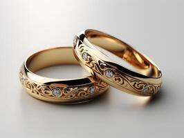 ai generado par de lujo y elegante oro Boda anillos lujo oro joyas. generativo ai foto