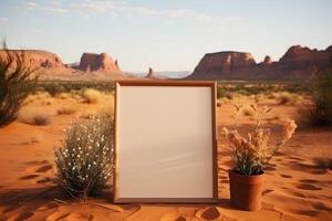 AI generated Empty Wooden Photo Frame in the Desert. Blank Picture Frame Mockup. Generative Ai