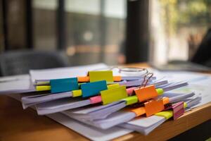 The pile of documents on the secretary's desk was prepared for the executives who would be attending the meeting. Several documents were stacked on the secretary's desk ready for the attendees. photo