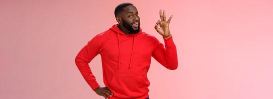 Guy hold everything under control assuring customer show okay sign. Portrait charismatic cheeky black bearded man say ok smiling assured confident you look perfect, standing pleased pink background photo